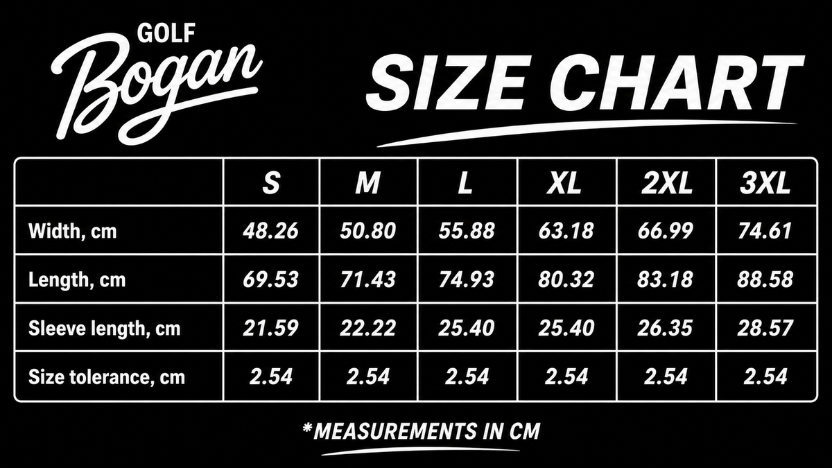 Golf Bogan size chart — measurements in centimetres