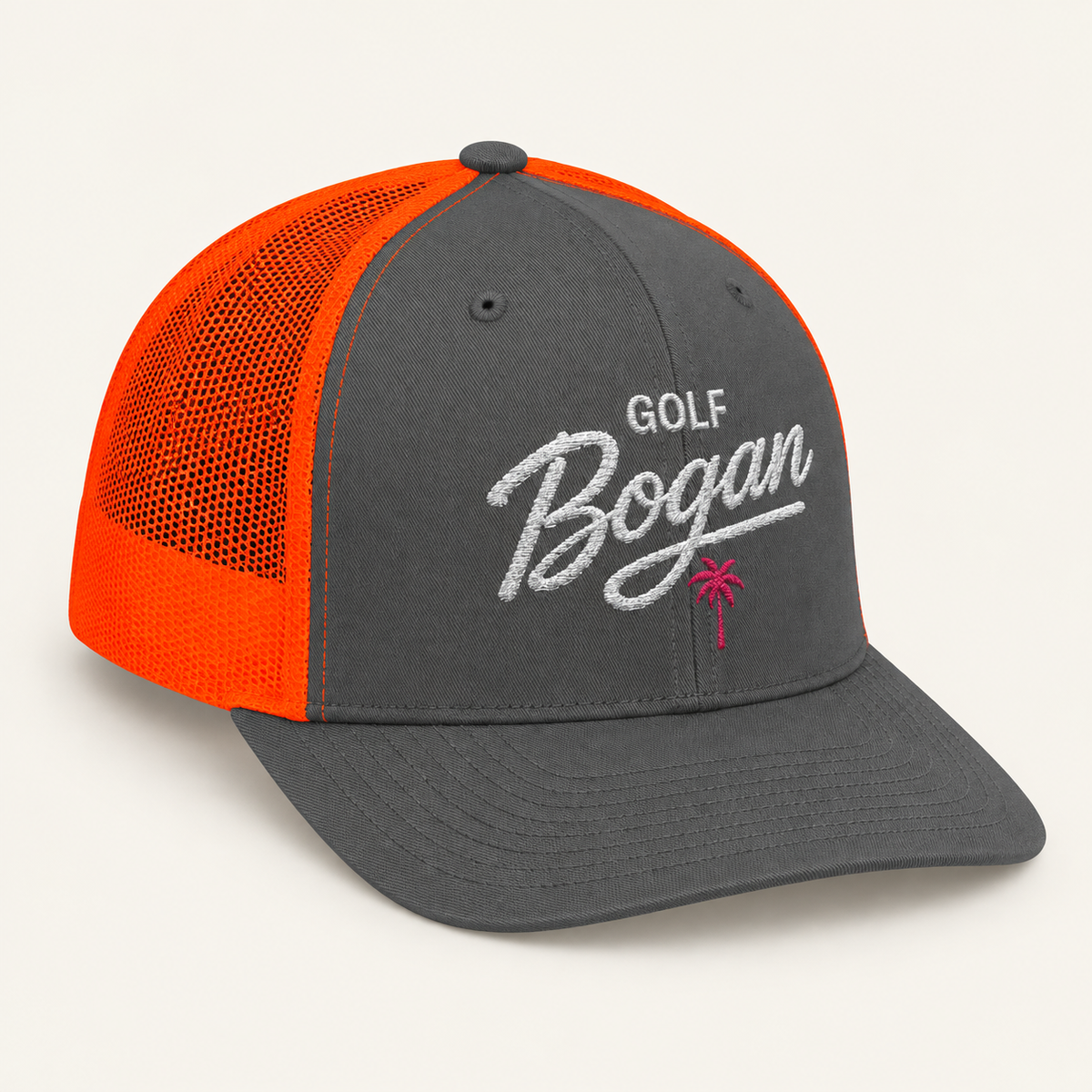 Charcoal Neon Orange Golf Bogan Trucker Cap – Vintage Script Mesh Snapback — product image 2