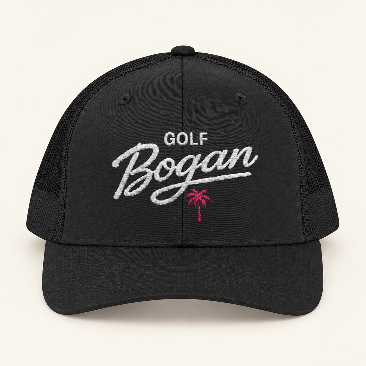 Black Golf Bogan Trucker Cap – Vintage Script Mesh Snapback — product image 1