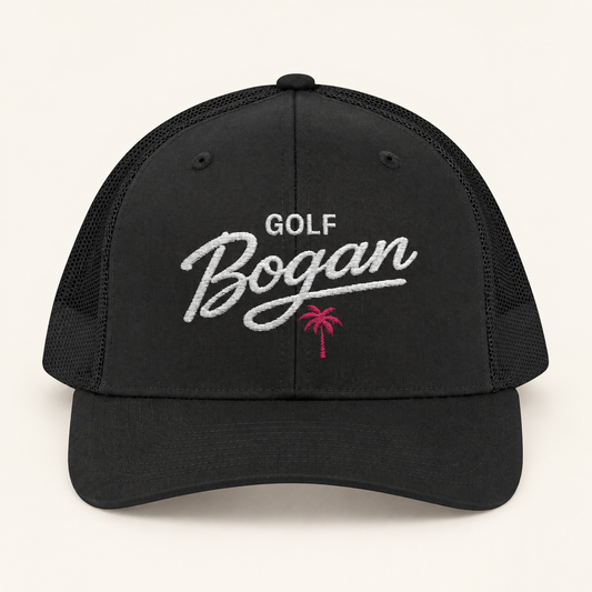 Black Golf Bogan Trucker Cap – Vintage Script Mesh Snapback — product image 1