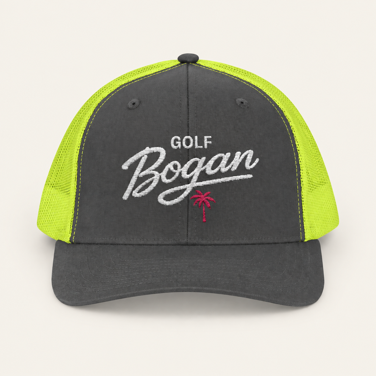 Charcoal Neon Green Golf Bogan Trucker Cap – Vintage Script Mesh Snapback — product image 1