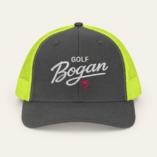 Charcoal Neon Green Golf Bogan Trucker Cap – Vintage Script Mesh Snapback — product image 1