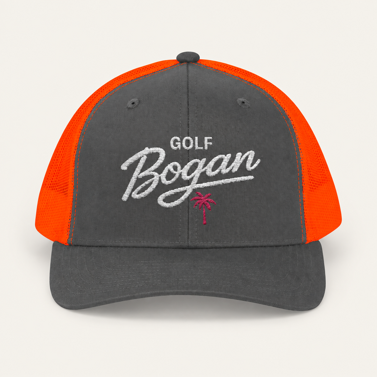 Charcoal Neon Orange Golf Bogan Trucker Cap – Vintage Script Mesh Snapback — product image 1