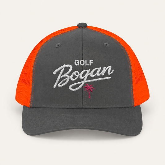 Charcoal Neon Orange Golf Bogan Trucker Cap – Vintage Script Mesh Snapback — product image 1
