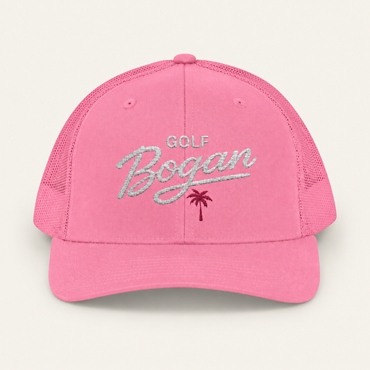 Pink Golf Bogan Trucker Cap – Vintage Script Mesh Snapback — product image 1